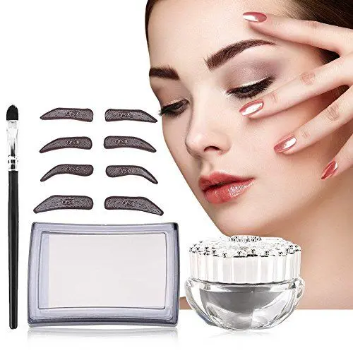 Produktbild: Augenbrauenpuder und Augenbrauen Schablonen Stempel, Wasserdicht Makeup EyeBrow Stempel, Natürliche Augenbraue Pulver Zarte Braue Pulver mit Pinsel,Spiegeln und 4 Paare Schablonen