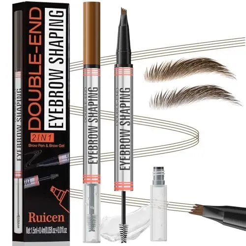 Produktbild: Augenbrauenstift mit Gel, 2-in-1 Dual-Ended Microblading Augenbrauenstift mit 4 Gabelspitze für volle und definierte Augenbrauen, Wischfest Eyebrow Pencil Bis zu 24 Stunden Halt, Hellbraun