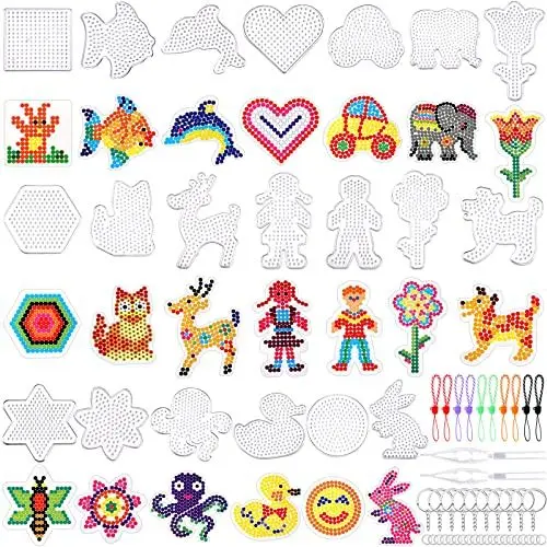 Produktbild: AUGSUN 5mm Bügelperlen Platten, 20 Stück Kunststoff Bügelperlen Vorlagen Transparente Bügelperlen Schablonen Bügelperlen Steckplatten mit 20 Stück Bunten Karten für Kinder DIY Bastelperlen