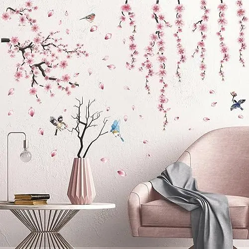 Produktbild: AUIAU Wandtattoo Blumen Rosa Baum Ast Wandaufkleber Blumen Blüten Rosa Wandsticker Wohnzimmer Schlafzimmer Sofa Hintergrund Wanddeko Wandtattoo Hängende Blumen Rebe Wandaufkleber