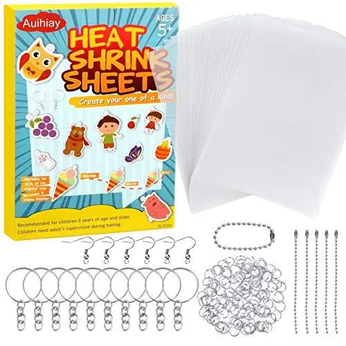 Produktbild: Auihiay 145 Stück Wärmeschrumpf-Plastikfolien-Kit Enthält 20 Stück Schrumpfpapier mit 125 Stück Schlüsselanhänger Zubehör für Kinder Creative Craft