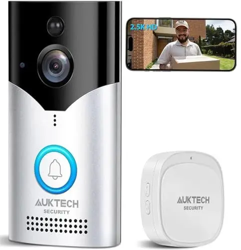 Produktbild: AUKTECH Türklingel mit Kamera, 4MP Video Türklingel Kabellos Akku mit Chime, 2.5K FHD Nachtsicht, PIR Bewegungssensor, Zwei-Wege-Audio, 2,4-GHz-WLAN, Video-Türsprechanlage für Deine Haustür