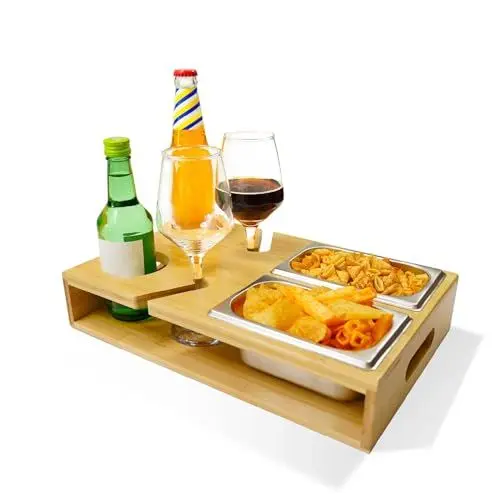 Produktbild: aullalah Couchbar Snackbox, Couchbar personalisiert mit 2X Snackschalen, Snackbar Couch mit Getränkehalte für Sofa, Deko, Holz Sofatablett mit Fächern, Geschenke für Männer-Wohnmobilausstattung