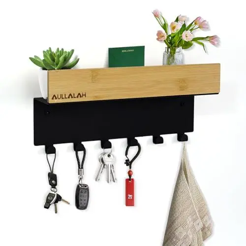 Produktbild: aullalah Schlüsselbrett Holz mit Ablage - Schlüsselhalter Schwarz Stahl - Schlüsselboard mit 6 Haken - Schlüsselanhänger Wand für Flur und Eingangsbereich