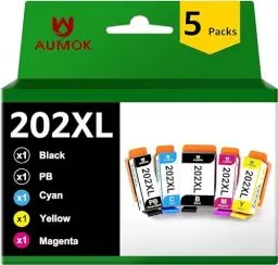 Produktbild: AUMOK 202XL Druckerpatronen Kompatibel Ersatz für Epson 202 XL für Expression Premium XP-6000 XP-6001 XP-6005 XP-6100 XP-6105 (1 Schwarz, 1 Foto Schwarz, 1 Cyan, 1 Magenta, 1 Gelb, 5-Pack)