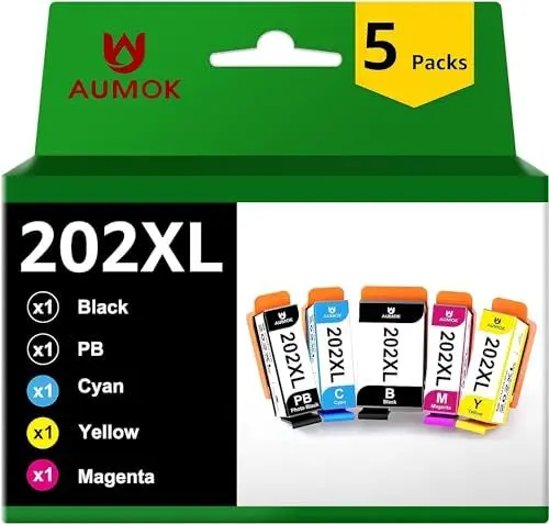 Produktbild: AUMOK 202XL Druckerpatronen Kompatibel Ersatz für Epson 202 XL für Expression Premium XP-6000 XP-6001 XP-6005 XP-6100 XP-6105 (1 Schwarz, 1 Foto Schwarz, 1 Cyan, 1 Magenta, 1 Gelb, 5-Pack)