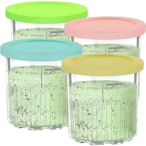 Produktbild: 4 Stücke Behälter für Ninja CREAMi Deluxe Eismaschine NC501EU NC501 NC500 Serie Ice Cream Maker Becher mit Deckel Zubehör (Originalserie, Blau/Rosa/Limette/Gelb)