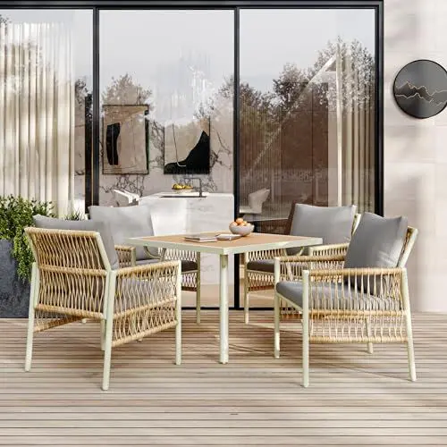 Produktbild: Aunlva Garten-Essgruppe,Gestell aus verzinktem Eisen,Gartenmöbel-Set (5-teiliges Esstisch-Set,4 Sessel,1 Tisch),WPC-Tischplatte,PE-Rattan, naturfarben,mit verstellbaren Füßen,inklusive Sitzkissen