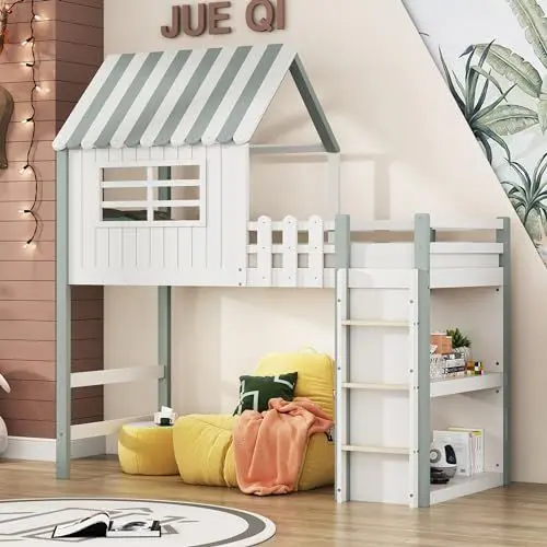 Produktbild: Aunlva Kinderbett 90x200 cm hoch und niedrig Bett für Jungen und Mädchen Heimbett Dachform mit Sicherheitsleiter mit Ablagefach Multifunktionsbett Massivholzbett mit Lattenrost Grün
