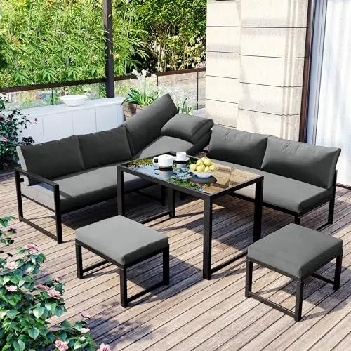 Produktbild: Aunvla Gartenlounge-Set, Aluminium Sitzgruppe für Garten Balkon, mit Liegefunktion, Vierter Gang verstellbare Rückenlehne, Tisch mit Sicherheitsglasplatte, inkl. weiche Sitz- und Rückenkissen, Grau