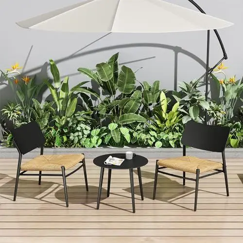 Produktbild: Aunvla Gartenmöbel-Set 2-Sitzer, EIN Couchtisch und Zwei Stühle, Sitzgarnitur aus Aluminium, Kissen aus PE-Rattan-Stroh, UV-Schutz, wasserdicht und korrosionsbeständig, Schwarz
