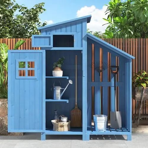 Produktbild: Aunvla Gerätehaus Gartenschrank Geräteschuppen Geräteschrank, BxT: 124x46 cm,BxTxH:124x46x174cm, auch für kleine Gärten geeignet, Blau, (Holzhütte, 1 St., Gartenhaus)