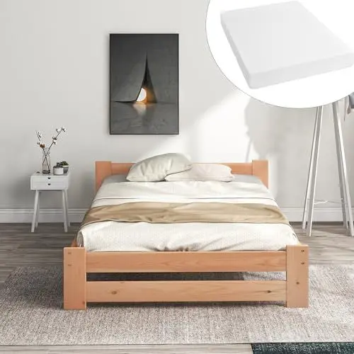 Produktbild: Aunvla (Mit Matratzen Solide Massivholzbett Futonbett Massivholz Natur Bett aus mit Kopfteil und Lattenrost, Natur (200x90cm)
