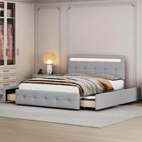 Produktbild: Aunvla Polsterbett 140 x 200cm mit LED,Lattenrost & Bettkasten auf Rollen,Einzelbett mit Kopfteil & 4 Schubladen,hautfreudliches Leinen-Oberfläche Kinderbett Jugendbett Gästebett,grau (ohne Matratze)