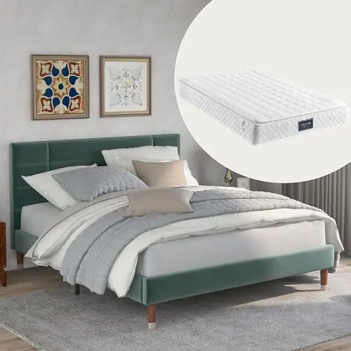 Produktbild: Aunvla Polsterbett, Doppelbett mit Lattenrost, 140x200cm gepolsteres Bettgestell mit Kopfteil, in dunkelgrün Samt, für Erwachsene&Jugendliche (Mit Federkernmatratze)