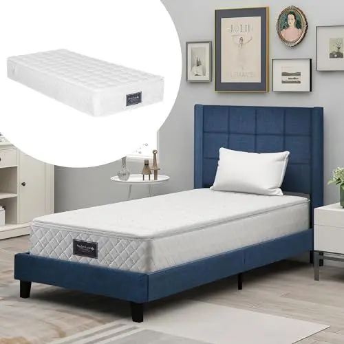 Produktbild: Aunvla Polsterbett Mit seinem gepolstertes Kopfteil Einzelbett mit Lattenrost, 90x200cm,in Blau Leinen, mittelfest (Mit Federkernmatratze)