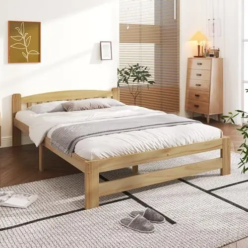 Produktbild: Aunvla Solide Massivholzbett Futonbett, Doppelbett, Massivholz Natur Bett mit Kopfteil und Lattenroste, Jugendbett, Erwachsenenbett, Natur, 140x200 cm