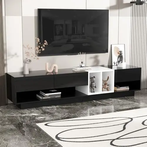 Produktbild: Aunvla TV-Schrank, niedriges Paneel, Hochglanz-Schwarz-Weiß-Kombination. Farbblockierendes Design, Schubladen, Fächer und mehrere Stauräume.