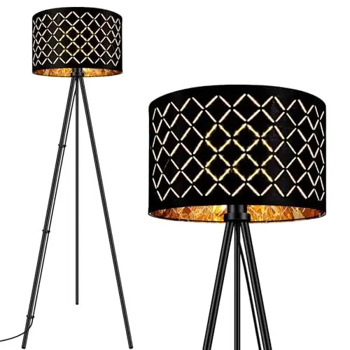 Produktbild: AUQUEE LED Stehlampe Whonzimmer, 6W Schwarz Stehleuchte, Moderne Dreibein Standleuchte aus Metall mit Dekorativem Lampenschirm und Fußschalter, Retro Leselampe Stehlamp für Wohnzimmer, Schlafzimmer