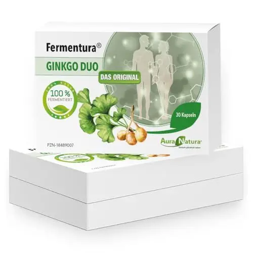 Produktbild: Aura Natura Fermentura Ginkgo Duo | Ginkgo Biloba Kapseln, Hochdosiert | Fermentierter Extrakt der Ginkgonuss und des Ginkgoblatts - 3er Pack, 90 Kapseln | Vegan
