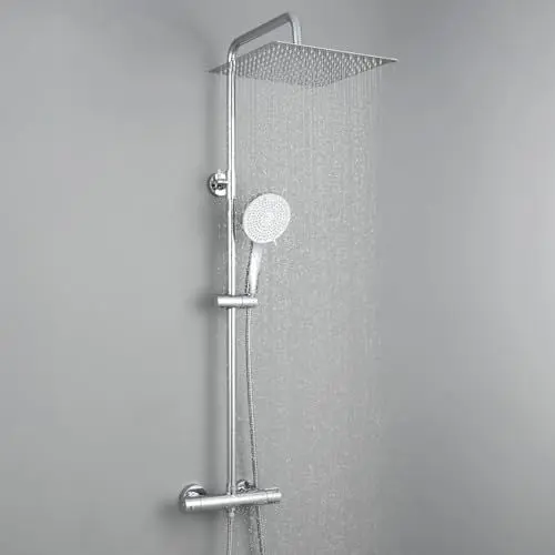 Produktbild: Auralum Duscharmatur Komplettset, Edelstahl Duschsystem mit Thermostat Armatur, 30x30 CM Regendusche, 5 Strahlarten Duschkopf und Höhenverstellbarer Duschstange (Chrom)