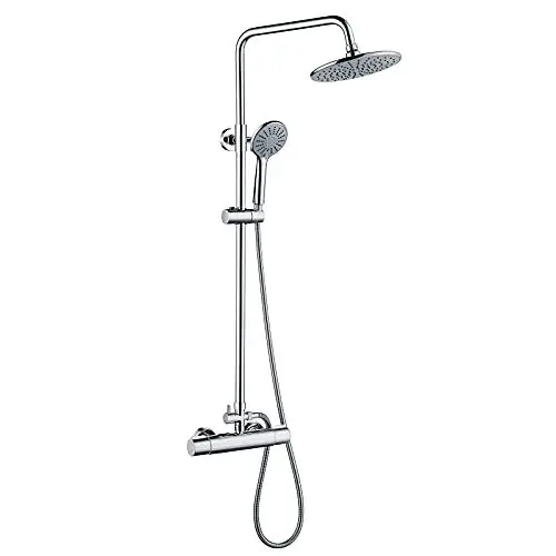 Produktbild: Auralum Duscharmatur mit Thermostat aus Edelstahl Höhenverstellbar 92-122cm, Regendusche mit Armatur 23x23cm Kopfbrause und 3 Strahlarten Handbrause, Duschsystem mit Thermostat Chrom