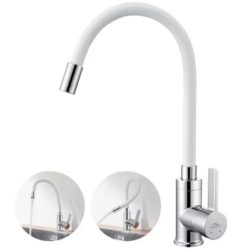 Produktbild: Auralum Flexibler Wasserhahn Küche, Küchenarmatur Weiß mit Flexibler Auslauf, Hochdruck Spültischarmatur Küche 360° Drehbar, Armatur Küche Weiss mit Wasserspar Wasserspar Aerator