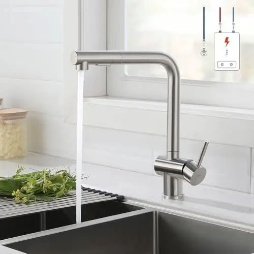 Produktbild: Auralum Niederdruck Armatur Küche, Küchenarmatur niederdruck, Niederdruck armatur mit Brause Zwei Wasserstrahlarten, Wasserhahn niederdruck 360° Drehbar für Boiler edelstahl
