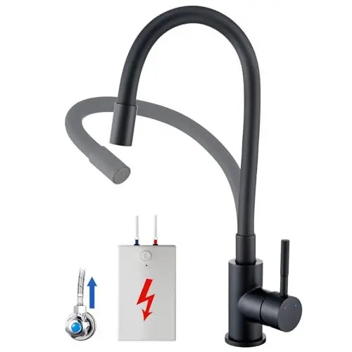 Produktbild: Auralum Niederdruck Armatur Küche Schwarz, Flexibler Wasserhahn Küche 3 Anschlüsse, Küchenarmatur Niederdruck 360° Drehbar, Mischbatterie Küche für Boiler, Spültischarmatur mit Hoher Auslauf