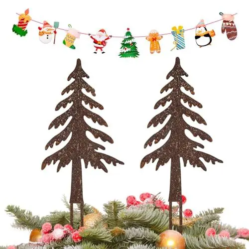 Produktbild: Aurmly 2 Stück Gartendeko Rost, Weihnachtsdeko Gartenstecker Rost für Garden(Tannenbaum + Weihnachtsflagge) MEHRWEG