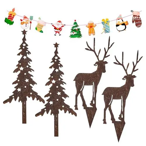 Produktbild: Aurmly 4 Stück Rost Gartenstecker, Hirsch Deko mit Tannen in Rostoptik zum Stecken für Weihnachtsdeko (Hirsch + Weihnachtsflagge) MEHRWEG