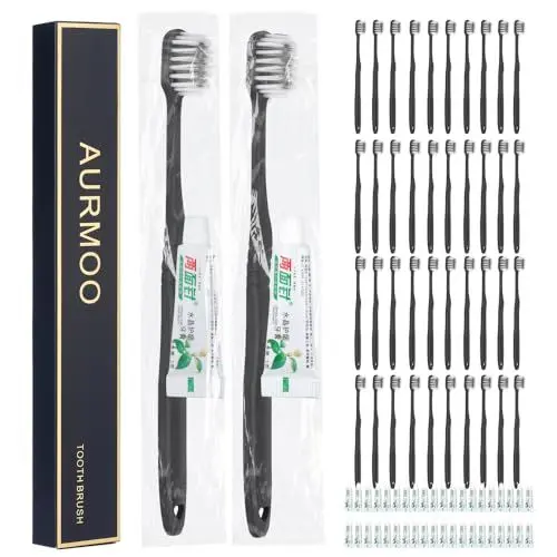 Produktbild: AURMOO Einweg-zahnbürsten mit Zahnpasta, Einweg Zahnbürste, Zahnbürsten, 40 Set Einmal Zahnbürsten, Flacher Zahnbürsten Griff, Handzahnbürsten for Hotel, Camping Usw(Schwarz)