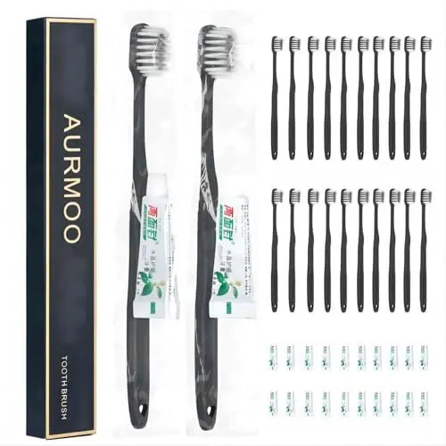 Produktbild: AURMOO Zahnbürsten, Einweg Handzahnbürste, 30 Set Einweg Zahnbürste mit Zahnpasta-set, Zahnbürsten, Einmal Zahnbürsten, Flacher Zahnbürsten Griff(Schwarz)