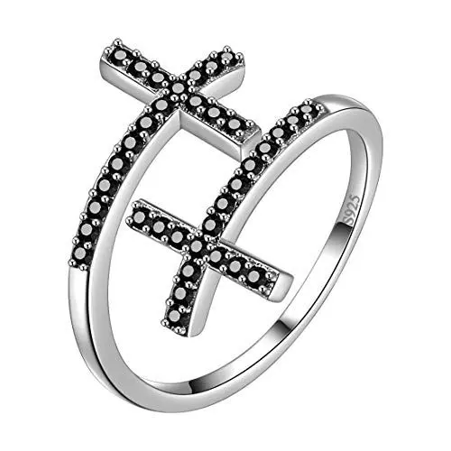 Produktbild: Aurora Tears Doppelkreuz verstellbare Ringe 925 Sterling Silber Kreuz offener Ring Schmuck für Männer und Frauen DR0091W