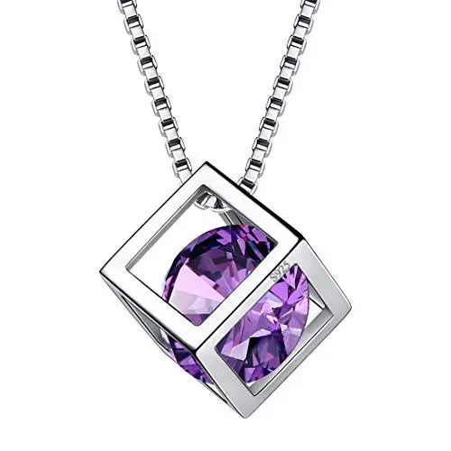 Produktbild: Aurora Tears Februar Birthstone Halskette 925 Sterling Silber Lila Amethyst Quadrat Geburtsstein Anhänger Schmuck Geschenke für Frauen und Mädchen DP0028F