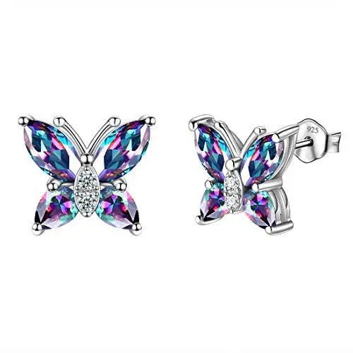 Produktbild: Aurora Tears Frauen Mystic Rainbow Topaz Schmetterling Ohrringe 925 Sterling Splitter Schmuck Zirkonia Tiere Stud Dating DE0078M