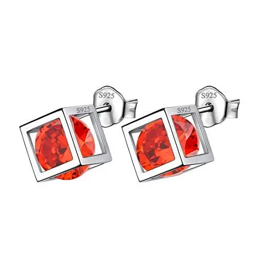 Produktbild: Aurora Tears Januar Birthstone Ohrringe 925 Sterling Silber Roter Granat Quadrat Geburtsstein Bolzenohrring Schmuck Geschenke für Frauen und Mädchen DE0028J