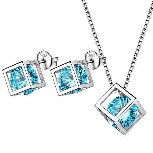Produktbild: Aurora Tears März Birthstone Halskette Ohrstecker 925 Sterling Silber Blau Aquamarin Quadrat Geburtsstein Schmuck Set für Frauen und Mädchen DS0028M