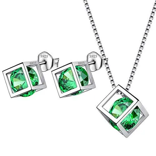 Produktbild: Aurora Tears Mai Birthstone Halskette Ohrstecker 925 Sterling Silber Grün Smaragd Platz Geburtsstein Schmuck Set für Frauen und Mädchen DS0028G