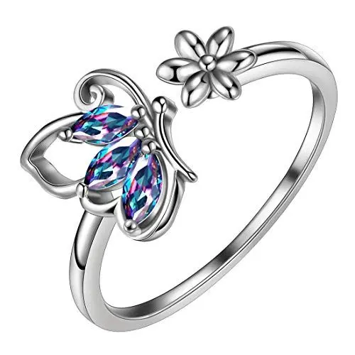 Produktbild: Aurora Tears Mystischer Regenbogentopas Schmetterling Ring 925 Sterling Silber Öffnung verstellbare Ringe Zirkonia für Frauen und Mädchen DR0074M