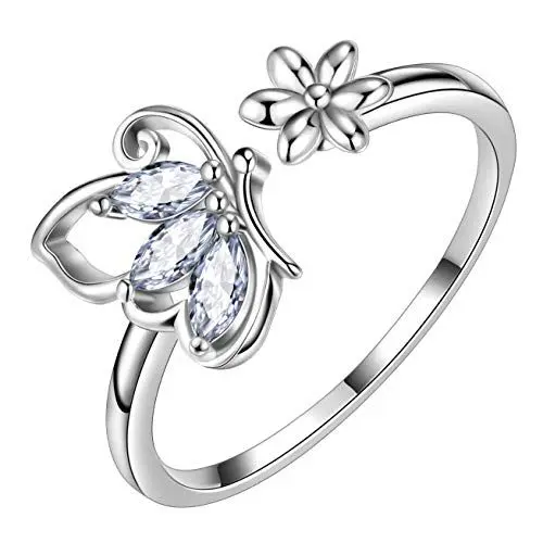 Produktbild: Aurora Tears Schmetterling verstellbare Ringe 925 Sterling Silber April Birthstone White CZ Eröffnung Ring Tiere Schmuck Geschenk für Frauen und Mädchen DR0077W