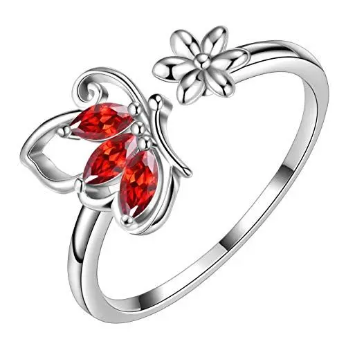 Produktbild: Aurora Tears Schmetterling verstellbare Ringe 925 Sterling Silber Januar Birthstone Red Granat Eröffnung Ring Tiere Schmuck Geschenk für Frauen und Mädchen DR0077J