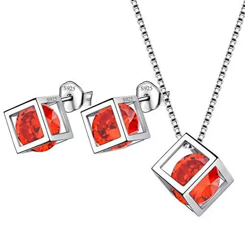 Produktbild: Aurora Tears Januar Birthstone Halskette Ohrstecker 925 Sterling Silber Roter Granat Quadrat Geburtsstein Schmuck Set Geschenke für Frauen und Mädchen DS0028J