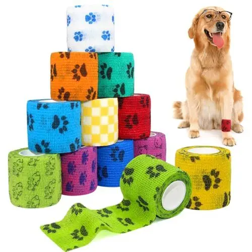 Produktbild: aurorayer 12 Stück Selbsthaftende Bandage Hund Vet Verband Elastische Selbstklebender Verband 5cm*4,5m per Rollen, Cohesive Pet Vet Wrap für Katze,Hund,Pferd Bein Klebeverband