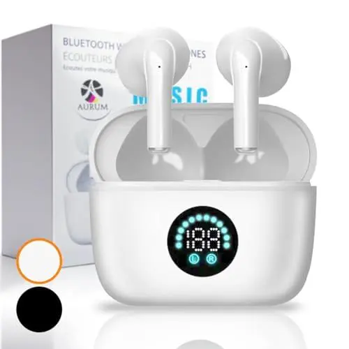 Produktbild: AURUM Bluetooth Kopfhörer, In Ear Kopfhörer Kabellos Bluetooth 5.3, Kabellose Kopfhörer mit 4 Mic, 2023 Neue ENC Noise Cancelling, IP7 Wasserdicht Ohrhörer LED-Anzeige, SX-25