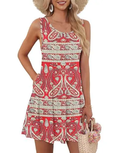 Produktbild: AUSELILY Boho Kleid Damen Kurz Urlaub Midi Ärmellos Swing Sommerkleid Mit Taschen Boho Floral Rot,L