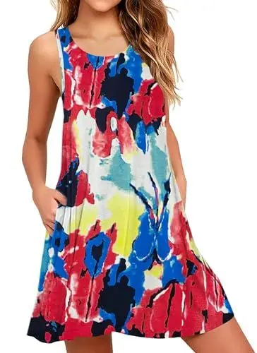 Produktbild: AUSELILY Boho Kleid Damen Kurz Urlaub Midi Ärmellos Swing Sommerkleid Mit Taschen Bunt,S