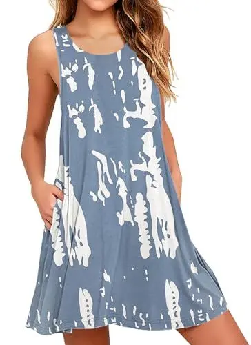 Produktbild: AUSELILY Boho Kleid Damen Kurz Urlaub Midi Ärmellos Swing Sommerkleid Mit Taschen Gekritzel,S