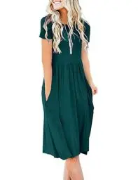 Produktbild: AUSELILY Damen Kleider Sommer Sommerkleider Knielang Kurzarm Freizeitkleid Schicke Shirtkleider mit Taschen (Dunkelgrün, M)