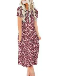 Produktbild: AUSELILY Damen Kleider Sommer Sommerkleider Knielang Kurzarm Freizeitkleid Schicke Shirtkleider mit Taschen (Rote Blumen, L)